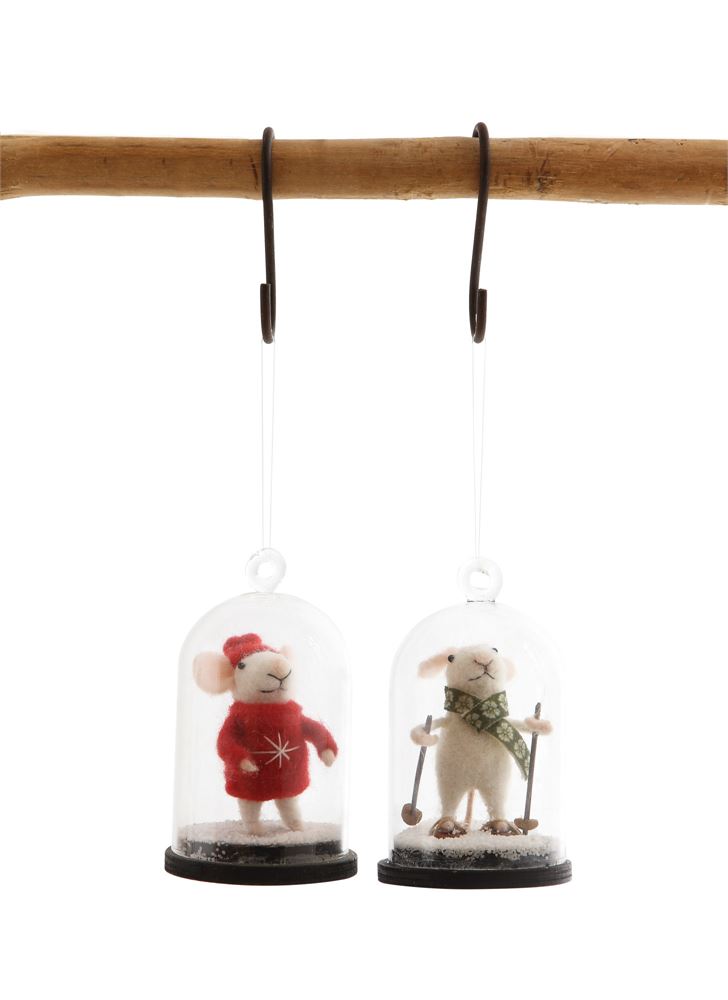 Glass Cloche with Wool and Fabric Mouse Ornament