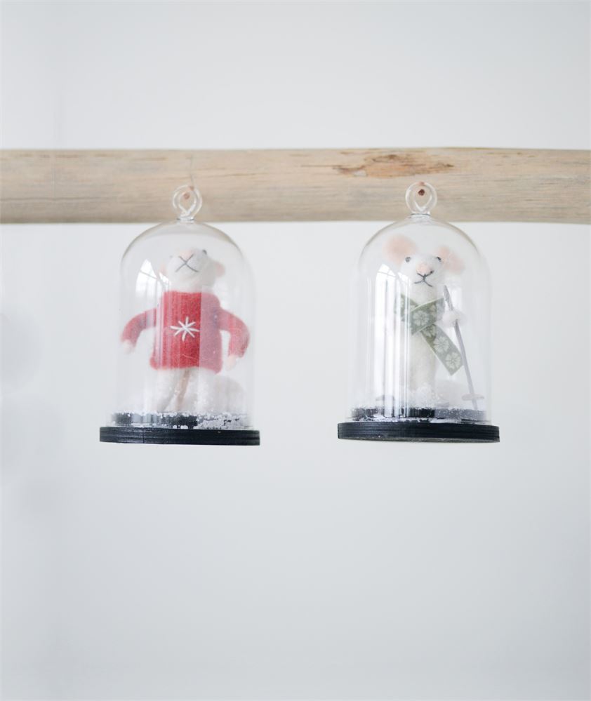 Glass Cloche with Wool and Fabric Mouse Ornament